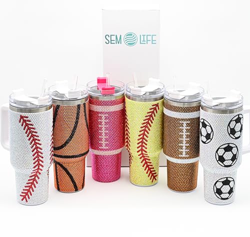 Pink Football 40 Oz Rhinestone Bling Tumbler Cup with Handle and Straw