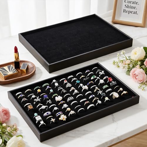 Three velvet jewelry tray display cases with 300 slots each, stackable PercyEffie ring organizer for jewelry storage.
