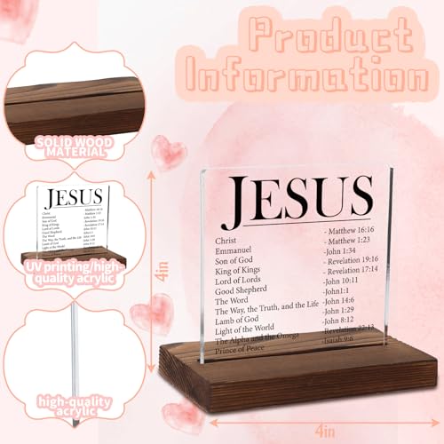 Names of Jesus Acrylic Plaque, Christian Bible Verse Gift for Believers, Inspirational Religious Keepsake for Men, Women, Transparent Acrylic Plaque with Wooden Stand, LYY152