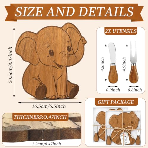 Set of six Zowekto elephant-shaped cheese boards with knives and forks, made from acacia wood, perfect for serving cheese and charcuterie.