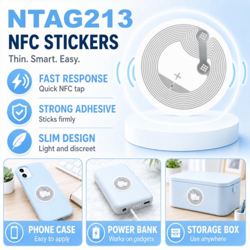 Pack of 50 NFC Tag Stickers, NFC Ntag213 Stickers, Rewritable NFC Chip, 144 Byte Memory, NFC Cards, Programmable NFC Chip NFC Card, NFC Sticker for All NFC-Enabled Mobile Phones and Devices