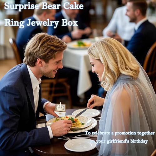 Little Bear Cake Rotating Engagement Ring Box for Proposal, Surprise Ring Necklace Box for Wedding Anniversary Birthday Mothers Day Gifts, Surprise Ring Beare Jewelry box for Women white