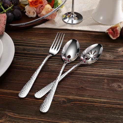 KEAWELL Louise hammered hostess serving utensil set featuring elegant serving spoons and tongs on a white background.