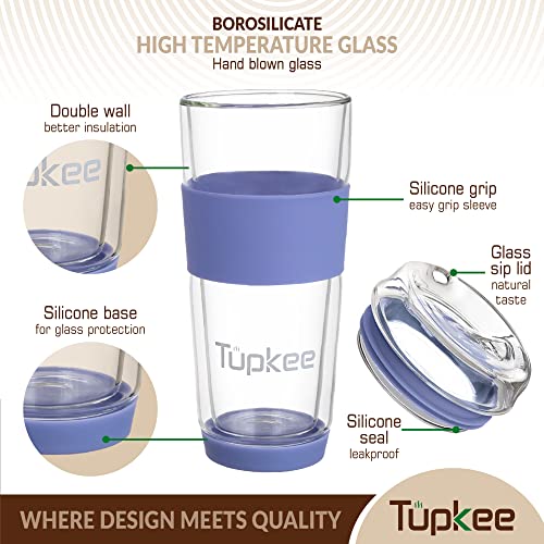 Double Wall Glass Tumbler, 14-Ounce Glass Travel Coffee Mug - 2 Pack Jacaranda