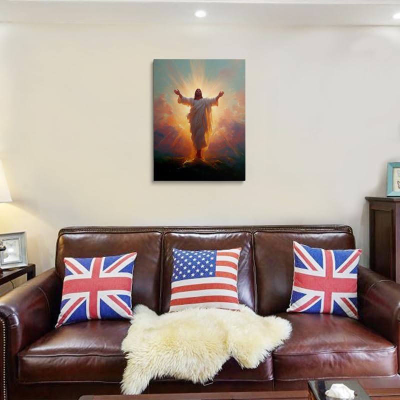 Risen Christ Canvas Wall Art Framed Painting Jesus with Divine Light Rays Outstretched Arms in White Robes Religious Christian Wall Decor Artwork Print Poster 16x24 Inches Illuminating Jesus 24"L x 16"W