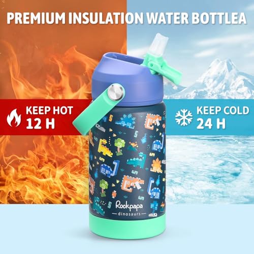 rockpapa 14oz Kids Insulated Water Bottle, 18/8 Stainless Steel Toddler Cup Unicorn+Dinosaur