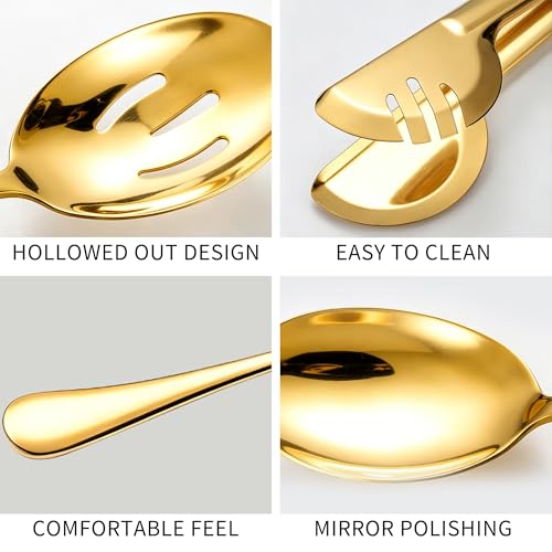 8 PCS Cutlery Serving Set Large, Stainless Steel Serving Utensils Include Serving Spoon,Slotted Spoon,Fork,Soup Ladle,TongsCake Server and Bread Knife (Gold) Gold