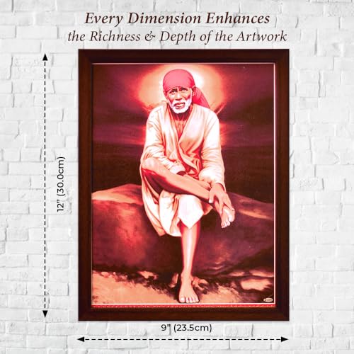Handicraft Store SANVIKA Sai Baba Poster Frame Wall Decor, Sai Baba Photo Art Frame For Living Room Decor, Hindu Decor For Home Office, Pooja Room- 12" x 9" (Sai Baba Sitting On Rock)