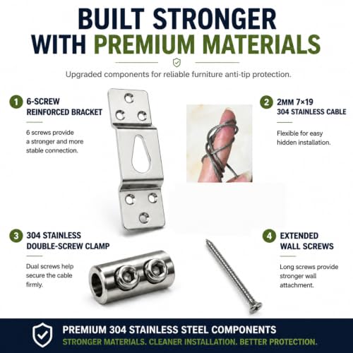 DAMILA hidden 304 stainless steel anti-tip furniture anchor kit, invisible silver hollow-wall anchors, 2 pack