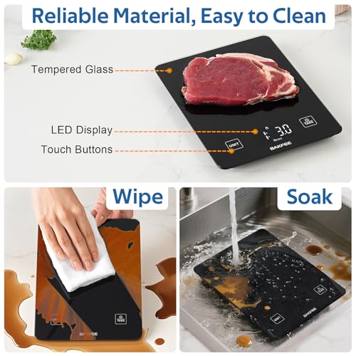 10kg Rechargeable Digital Kitchen Scale, IP67 Waterproof Food Scale with 1g Precision, USB Rechargeable, LED Display, Tempered Glass Surface, for Baking, Cooking, Making Sourdough Bread. Black