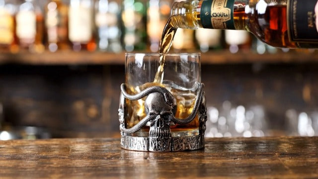 Skull & Snakes Pewter Glasses Set of 2, 12.5oz Gothic Whiskey, Wine, Beer & Water Cups, Spooky Crystal Old Fashioned Tumblers, Elegant Barware Gifts for Men & Women, Haunted Skull Decor Gift Skull and Snakes