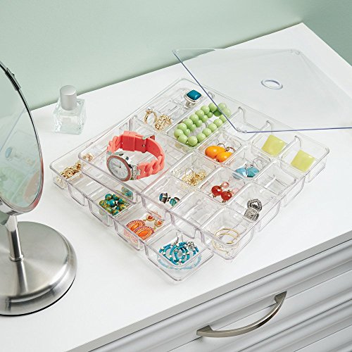 iDesign Linus Plastic BPA-Free Fashion Jewelry Vanity and Drawer Organizer, Tray for Rings, Earrings, Bracelets, Necklaces, 8.75" x 7.75" x 2.75", Set of 3, Clear 2 Piece