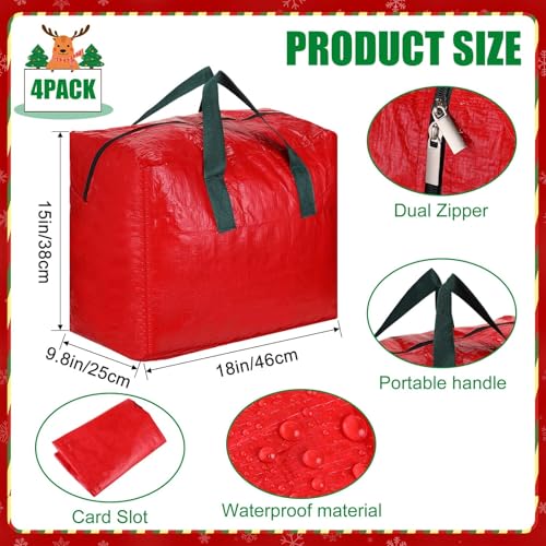 Xuniea 4 Pcs 18 Inch Ornament Storage Bags Handles Zipper Holiday,Red Red