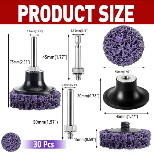 50 mm CSD disc sanding discs, 30 pieces, purple cleaning disc set with 6 mm shaft, nylon flex discs, removal of paint, rust, varnish and scale reliable DE-30pcs-Purple