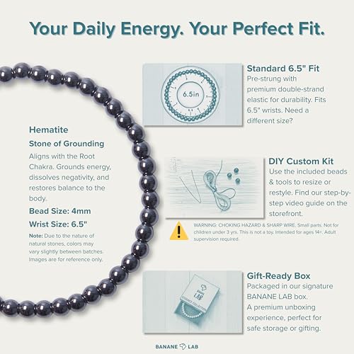 BANANE LAB Healing Crystal Beaded Bracelet, 4/6/8mm Beads for 6.5" Wrist Hematite 4MM Beads (Fits 6.5" Wrist)