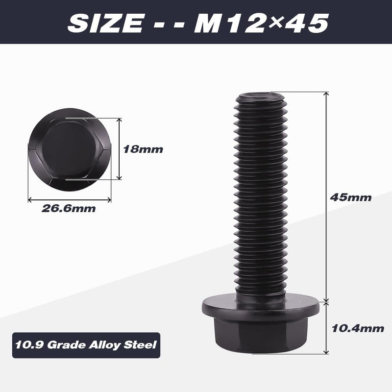 [Australia - AusPower] - M12-1.75 x 45mm (6 pcs) Flanged Hex Bolt Screws Black Oxide Finish, 10.9 Grade Alloy Steel, Large Flange Washer Head Bolt, DIN6921/GB5789, Full Thread M12-1.75 x 45mm 6 