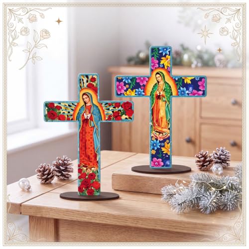 Yuntau 2 Pcs Floral Cross Table Decor Wooden Our Lady of Guadalupe Tabletop