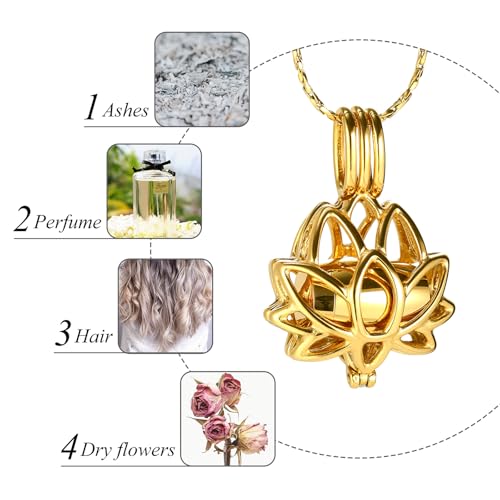 INBLUE Lotus Flower Ashes Pendant with Mini Urn Locket Necklace for Women Customized Text Cremation Jewelry for Ashes Memorial Keepsakes for Ashes of Loved One 02-Gold