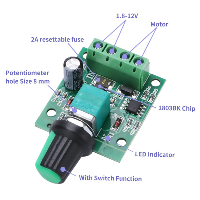[Australia - AusPower] - VooGenzek 4 Pieces DC 1.8 V 3 V 5 V 6 V 12 V 2 A 30 W PWM Motor Speed Controller, 1803BK 1803B Adjustable Low Voltage DC Motor Speed Controller with Knob 30W 