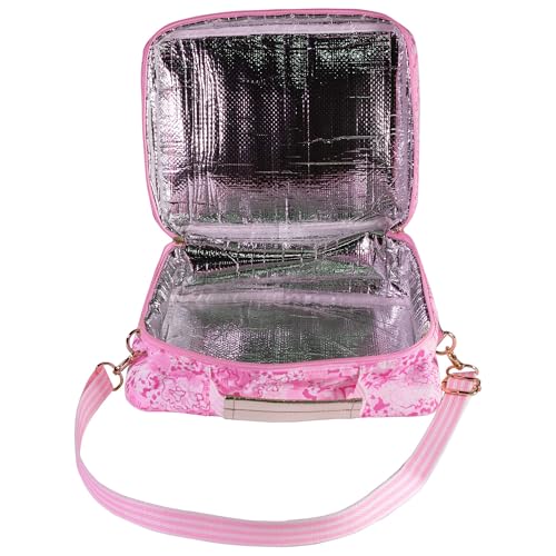Lilly Pulitzer insulated lunch bag in Conch Shell Pink with Burst of Joy pattern, featuring a compact, colorful design for lunch on the go.