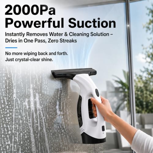 Electric Window Vacuum Cleaner Cordless, Glass Washer Vac 2000pa 150ml Water Tank, Windows Cleaning Equipment Tool Suitable for Mirrors Windows Glass (with 4 Cloths)