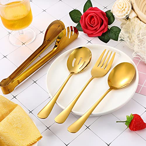 Patelai 15-piece gold stainless steel serving utensil set for buffet, includes spoons, tongs, and serving tools for elegant dining.
