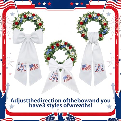 Moukeren 2 Pcs 4th of July Wreath Sash for Front Door Patriotic Embroidered Monogram Wreath Sash Red Blue White Flag Garland Belt Decor for Independence Day Memorial Day Yard Porch Red White Blue