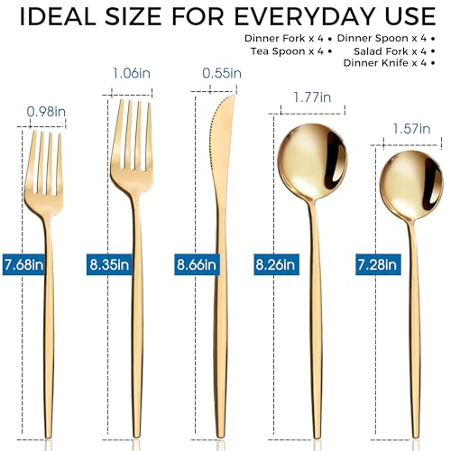 20-Piece Gold Silverware Set for 4, Titanium Golden Stainless Steel Flatware Set, Golden Cutlery Set for Home and Restaurant, Daily Utensil, Mirror Polished, Dishwasher Safe, Serving for 4