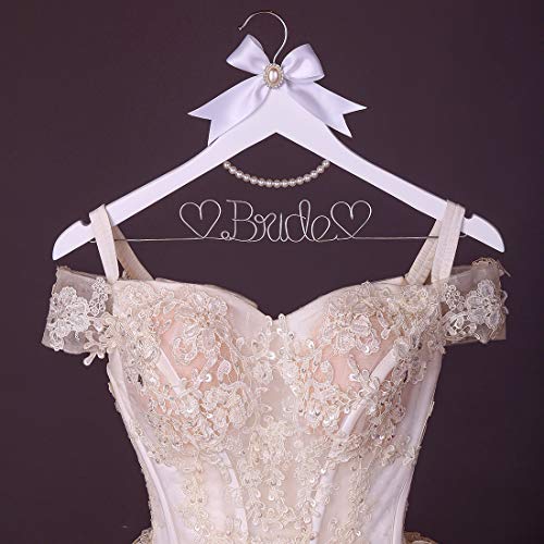White Solid Wood Bridal Dress Hanger with Bridal Wire Lettering for Bridal Wedding Party Gift (White Hanger Silver Thread and Pearl Chain) White,silver