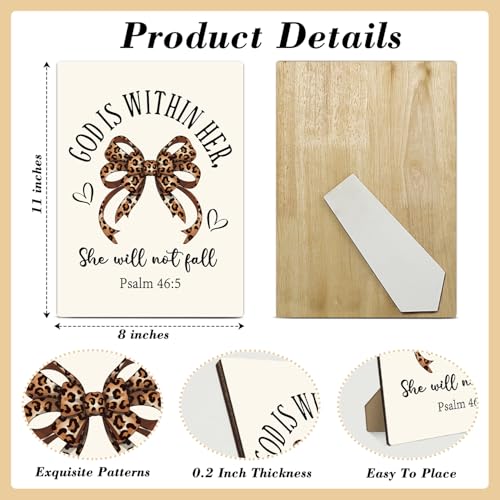 Psalm 46:5 Christian Desk Decor - God is within Her, Leopard Bow Wooden Sign Gifts for Women, Home Bedroom Girls Dorm Room Office Tabletop Decor, 8 x 11 Inches -A014 Leopard Bow-1
