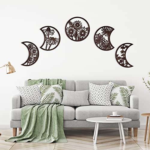 Jetec 5 Pcs Moon Phases Wall Art Decor, Wooden, Brown, 10.6 Inch, Flower