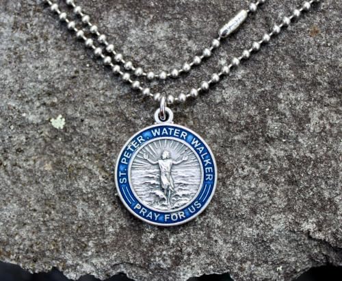 Mens Saint Peter Necklace, Catholic Patron Saint of Water Sports, Blue Enameled Alloy Medallion Made in Italy