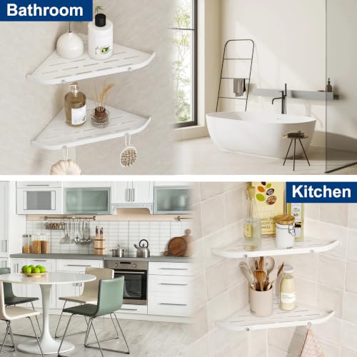 Qeke Corner Shower Shelf, 9" Corner Shower Caddy, SUS304 Stainless Steel Shower Organizer Wall Mount Corner Shelf with 2 Hooks for Bathroom, Dorm and Kitchen, Matte White (2 Pack)