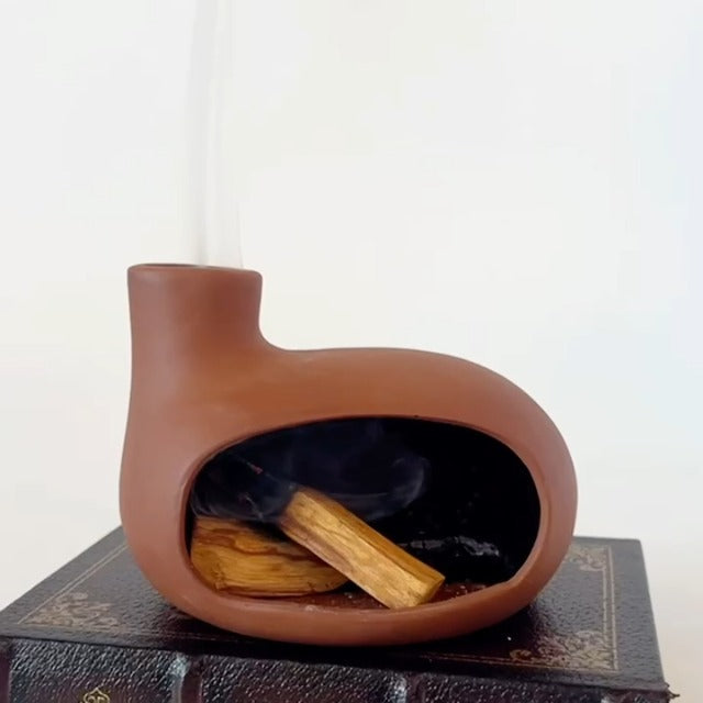 Terracotta Palo Santo Holder - Modern Chiminea Incense Burner for Yoga Classic Matte Clay -Terracotta