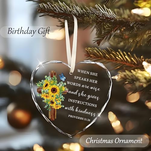 Glass Christian Jesus Gift for Women Men Glass Hearts Ornament Religious Inspirational Gifts with Bible Verse and Prayers Sunflower Cross for Friends Mom Wife 31:26