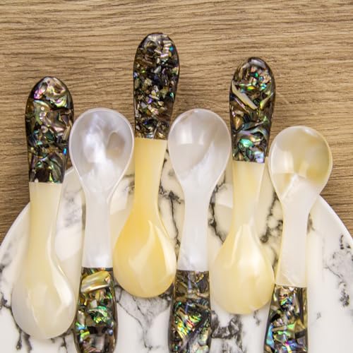 DUEBEL Set of 6 Caviar Spoons of Abalone Handle, 4" Mother of Pearl Spoons for Caviar Serving, Egg Serving, Catering Event Tableware, Restaurant Table Decor