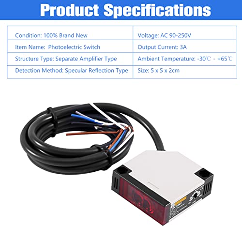 Photoelectric Switch Sensor E3JK-R4M1 Retroreflective Photoelectric Proximity Switch AC90-250VAC 3A Specular Reflection Indoor Wall Mounted with Reflector Panel 1.5M Cable Induction Distance 4M