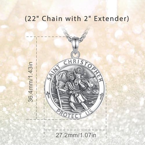 INFUSEU St Christopher Necklace Mens Womens Saint Christopher Medal 925 Sterling Silver Pendant Religious Safe Travels Gift Cristos Catolicos Medallion Catholic Christian Jewelry Easter Christmas