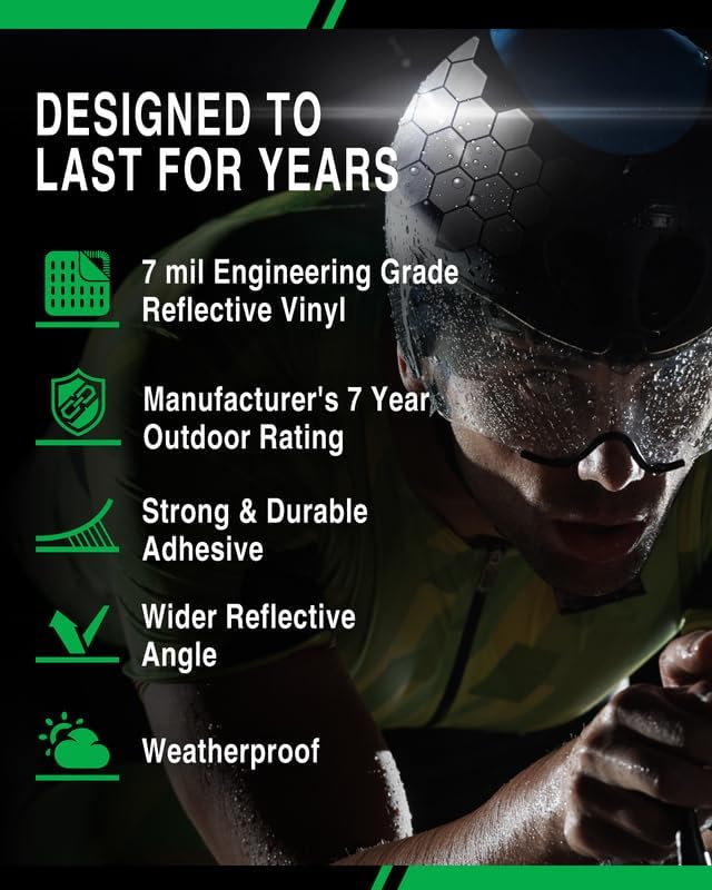 BRIGHT KNIGHT DECALS Hexagon Reflective Stickers for Helmet - Black, Pack of 2, Motorcycle Helmet Stickers, 3M Waterproof Reflective Vinyl Tape for Hard Hats, Cars & Bike Decals for Night Visibility 2 pk