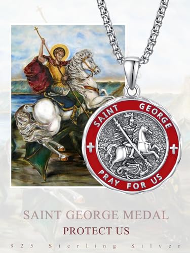 ADMETUS Sterling Silver St George Necklace for Men Red Enamel Saint George and Dragon Medal Amult Pendant Protection Jewelry Religious Gifts