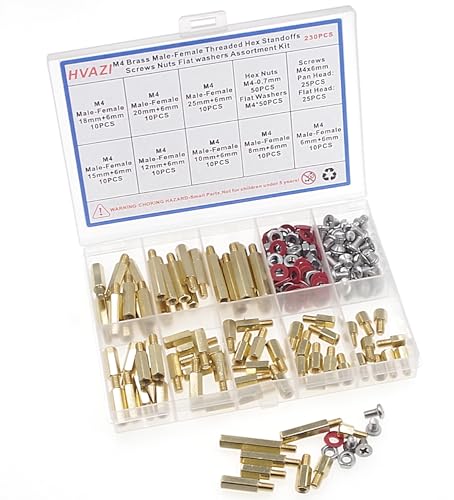 HVAZI 230-piece M4 brass male-female hex standoffs, screws, nuts and washers kit  