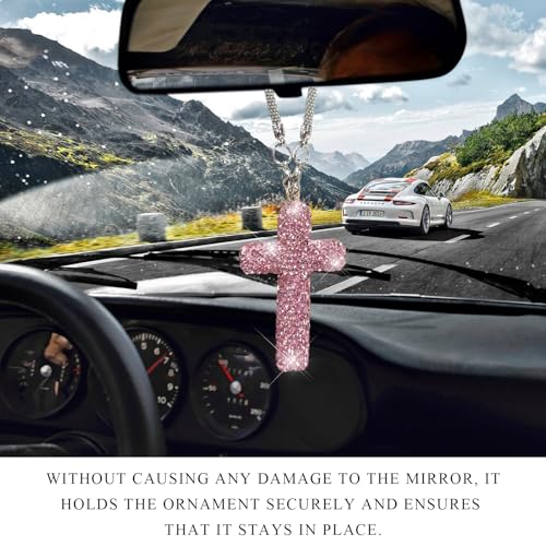 Bling Car Hanging Ornament, Crystal Rhinestone Cross Pendant Rearview Mirror Hanging Accessories, Sparkling Religious Charm Vehicle Interior Decoration for Women Men (Pink) Pink