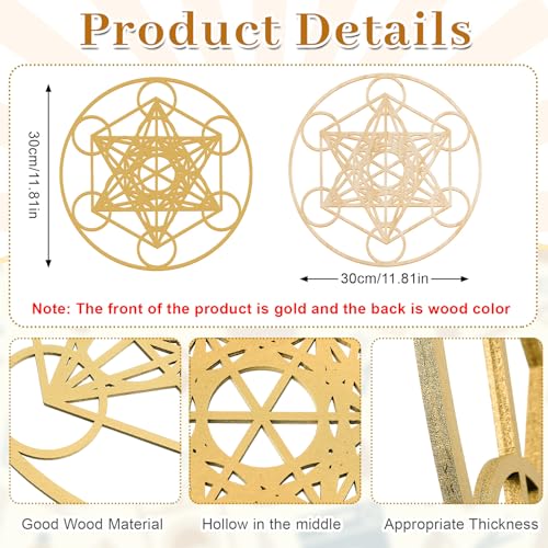Taiyin 6 Pcs 12 Inch Wooden Sacred Geometry Wall Art Set, Zen Geometric Wall Decor for Home Meditation Room, Inspired Hanging Art with Metatron Cube, Flower of Life, Sri Yantra(Golden) Golden