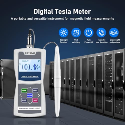 GOYOJO digital Gauss meter measuring DC magnetic fields up to 2400mT for magnets, motors, and speakers