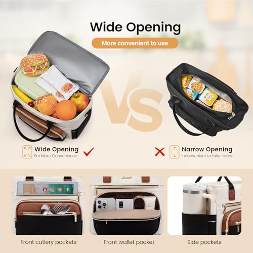 LOVEVOOK Insulated Lunch Box for Women,X Large Adult Lunch Cooler Bag Women Black with Off White with Brown X Large —18l