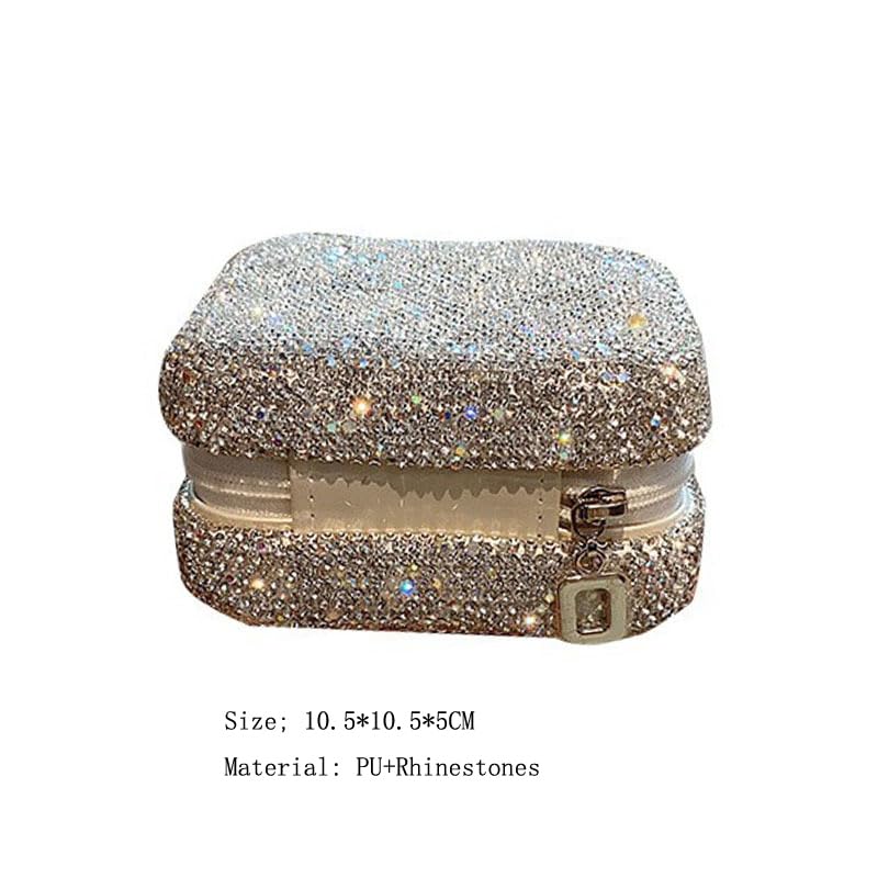 Luxury Rhinestone Jewelry Holder Pouch, Travel Portable PU leather Organizer Case w Compartments for Jewelry,Hair Pins (Full silver) Full silver