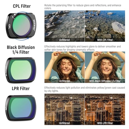 NEEWER 14 Pack Magnetic Filter Set Compatible with DJI Osmo Pocket 3 / Pocket 4 / Xtra Muse, CPL ND (8/16/32/64/128/256/1000) ND8/PL ND16/PL ND32/PL ND64/PL LPR Black Diffusion 1/4 14 Pack nd+nd/PL+effect