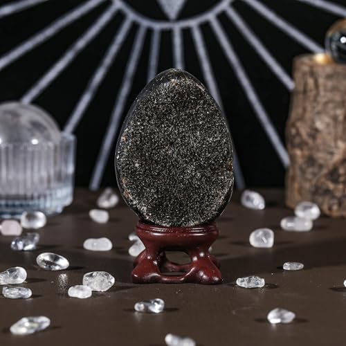 TUMBEELLUWA 50-70 mm Black Crystal Cluster Geode Egg with Display Stand Height 1.97-2.76 Inch
