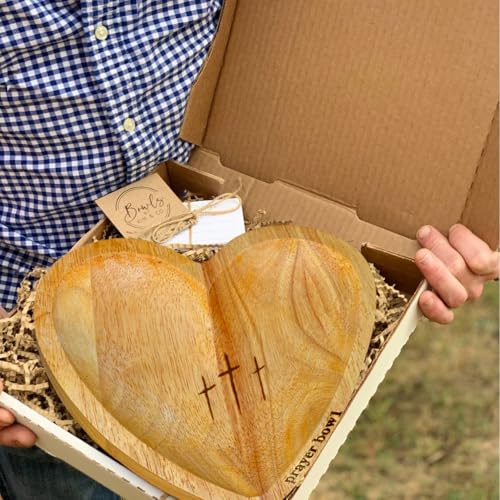 Heart Shaped Prayer Bowl with 24 Cards - Wooden Religious Dough Bowl with Cross for Christian Congregation Gifts Yellow