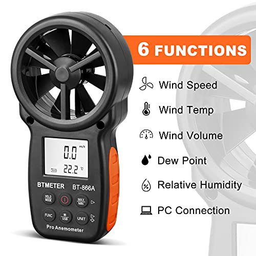 BTMETER BT-866A Pro Handheld HVAC Anemometer for CFM Airflow, Wind Speed Meter, Meter Measures Wind Speed, Temperature%RH Dew Point with USB Sync to PC